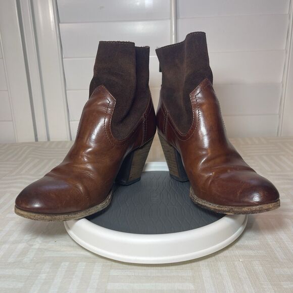 Frye Shoes - Frye Tessa Zip Short Low Boot Womens 5.5 Brown Cognac Leather Suede Cuban Heel
